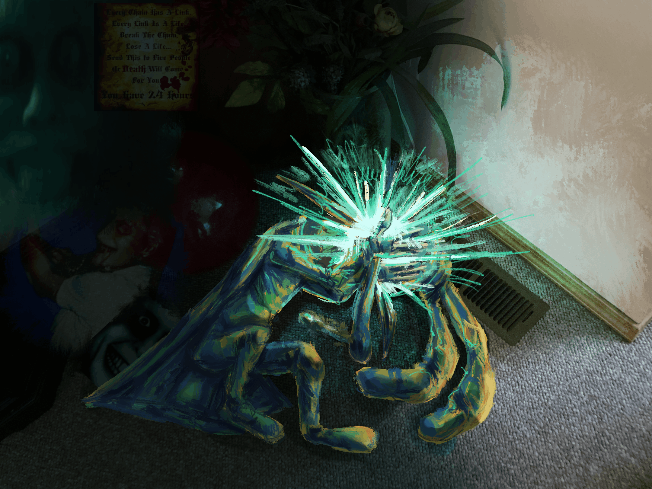 Bo Noise curled up in a corner with their hands on their face while a bright, blue light emanates from their face. Their long nose is sticking out in between their hands and has a long drop of snot leaking out of it. Most of the piece is covered in darkness and takes place near Xavier's living room. The evil stick decal, a scary face, and a chainmail message can be seen faintly in the dark.